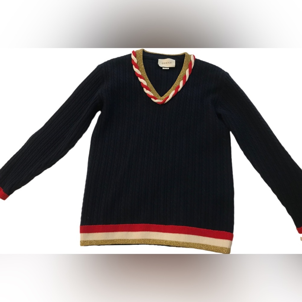 Gucci Navy Multicolor Lurex Trim Cable-Knit Cashmere Wool Sweater - Picture 2 of 6